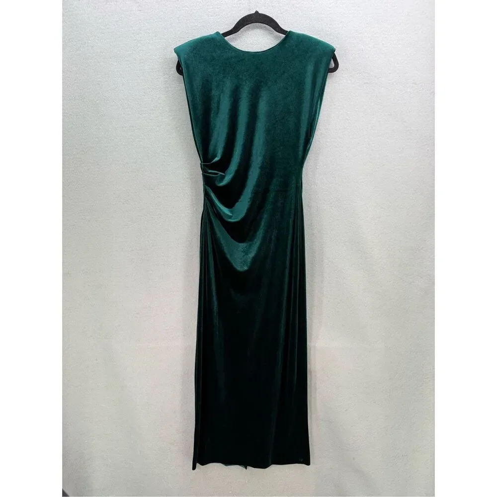 Zara Womens Green Velvet Sleeveless Draped Crewneck Slit Back Maxi Dress Size XS - Picture 8 of 8
